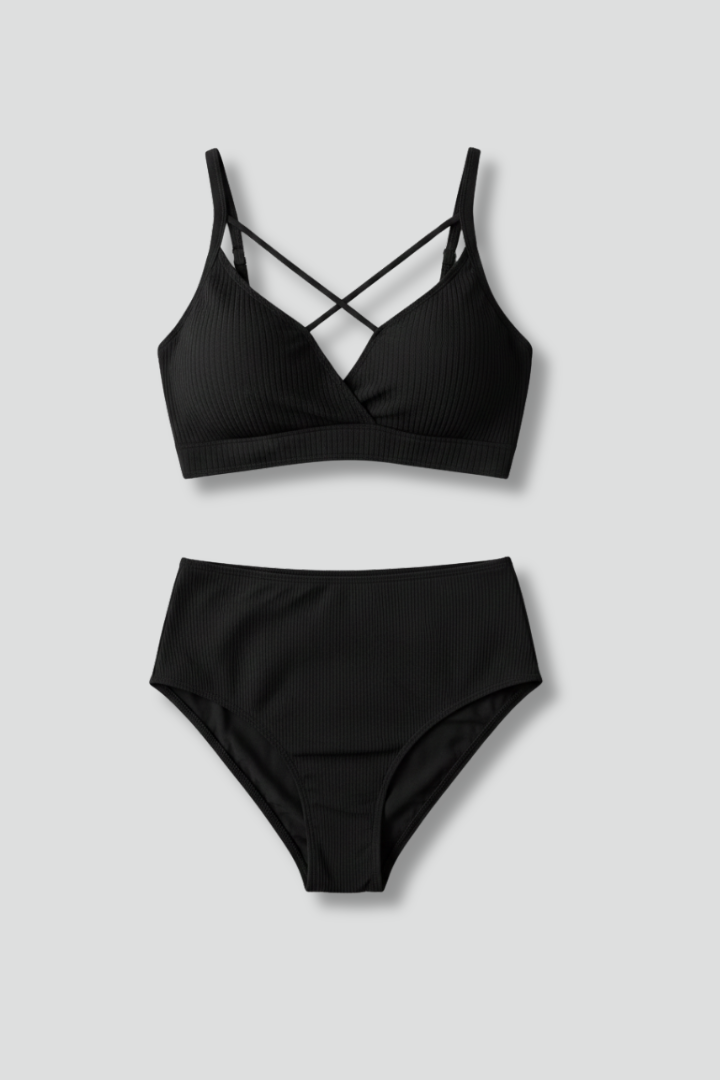 Plus Size Bikini Set with Strappy Top and High Waist Bottom