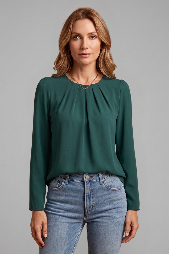 Women Pleated Long Sleeve Tunic Top with Crew Neckline for Office Wear
