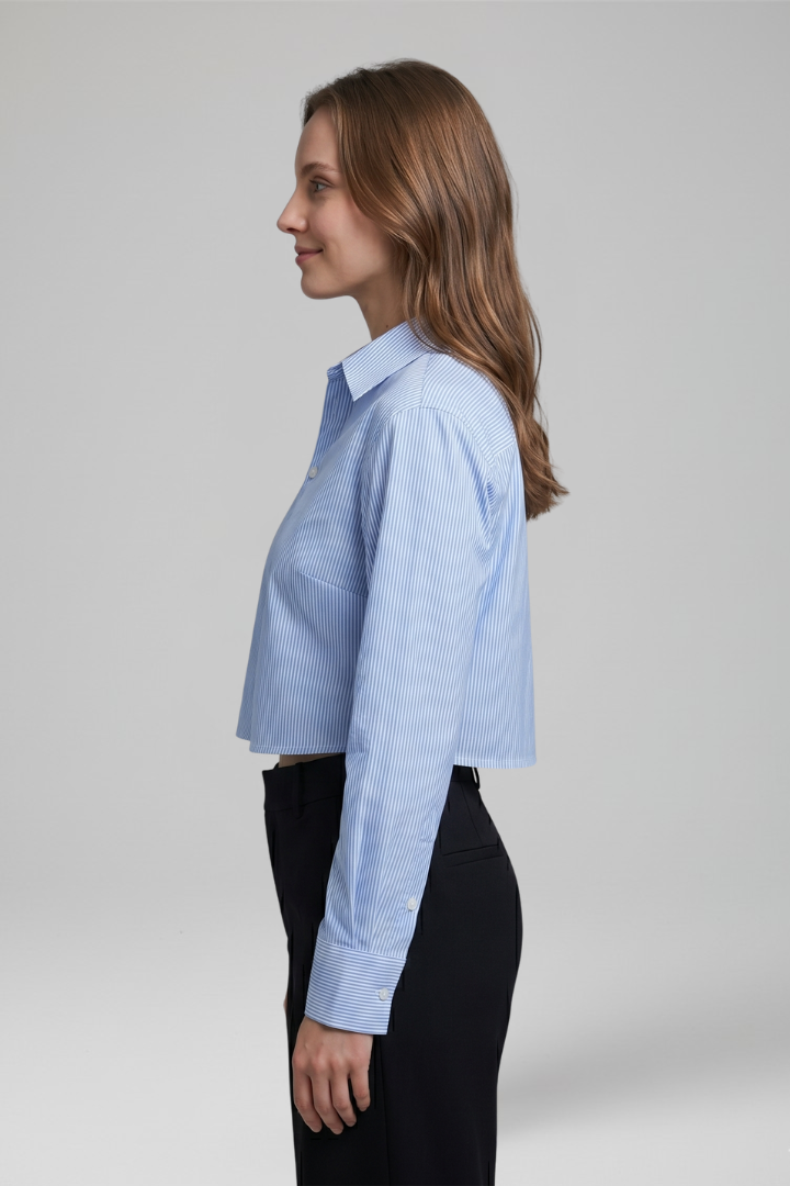 Women's Cropped Button-Up Shirt with Pointed Collar for Everyday Wear