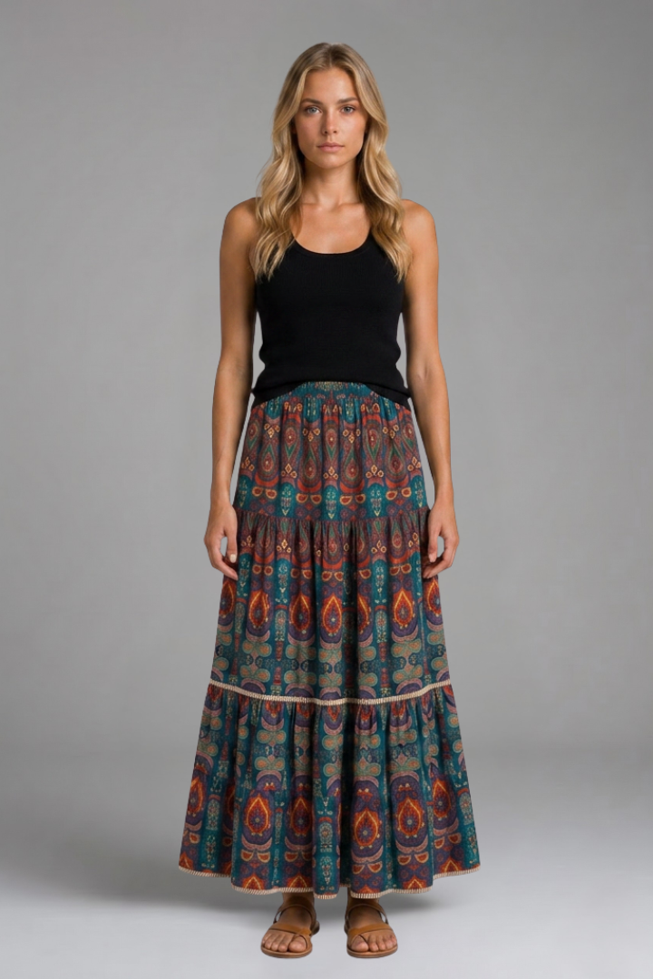 Women’s Maxi Skirt with Elastic Waist and Tiered Panels