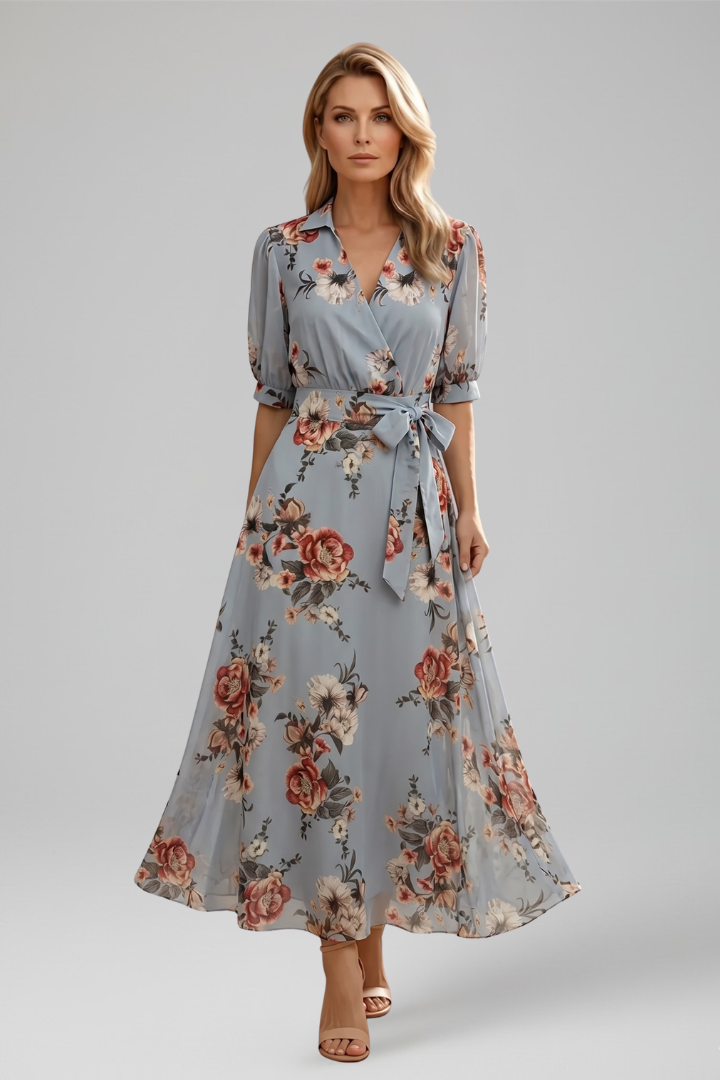 Women’s Midi Dress with V-Neck and Floral Pattern