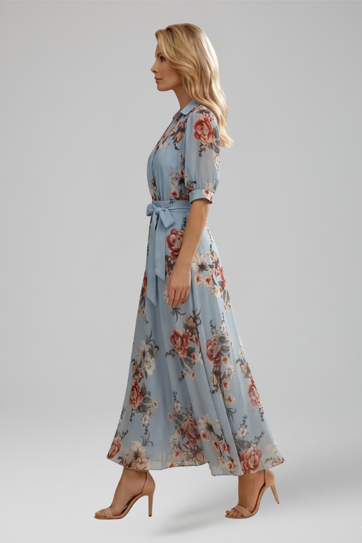 Women’s Midi Dress with V-Neck and Floral Pattern