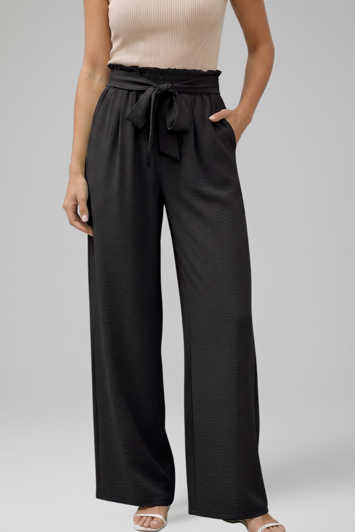 Women’s Palazzo Trousers with Elastic Waist and Tie Belt