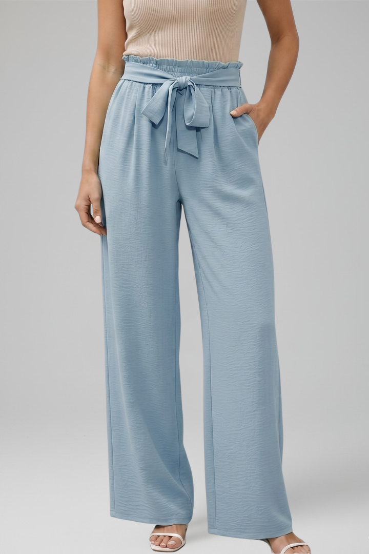 Women’s Palazzo Trousers with Elastic Waist and Tie Belt