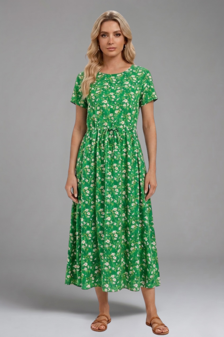 Women's Printed Midi Dress with Drawstring for Casual Wear