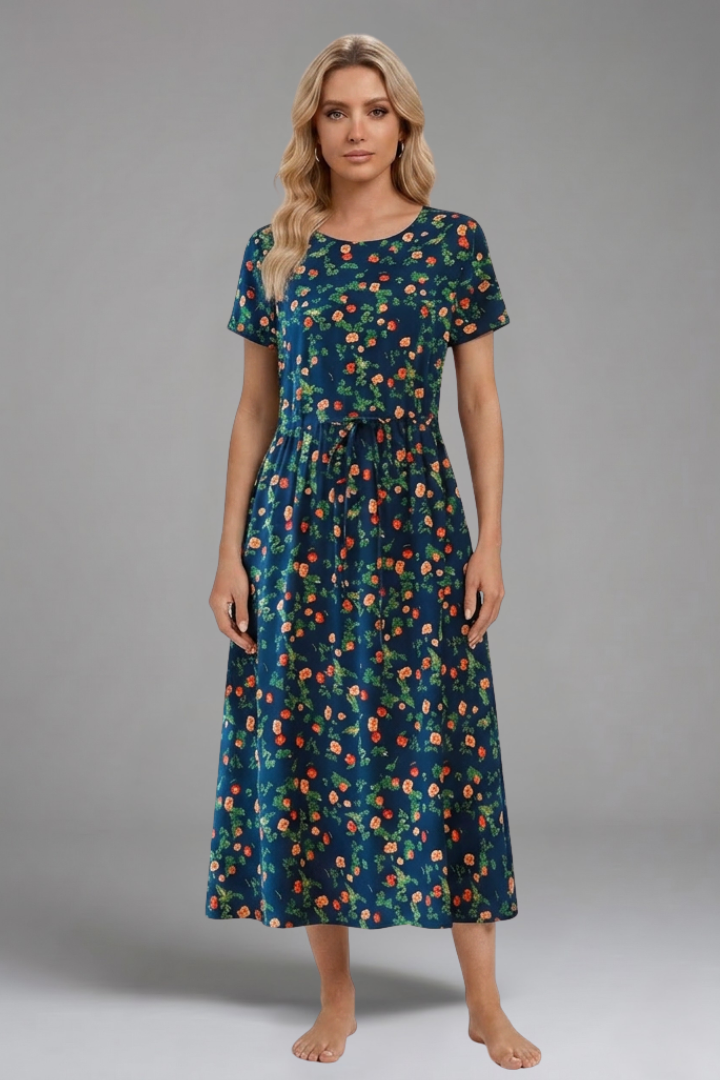 Women's Printed Midi Dress with Drawstring for Casual Wear