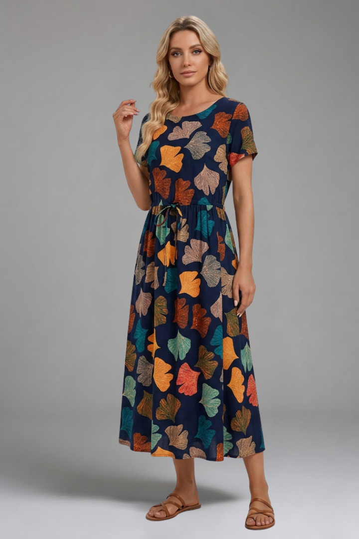 Women's Printed Midi Dress with Drawstring for Casual Wear
