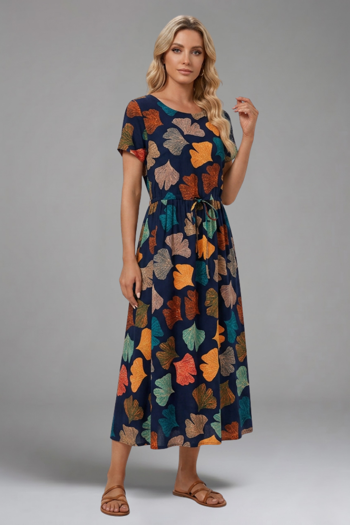 Women's Printed Midi Dress with Drawstring for Casual Wear