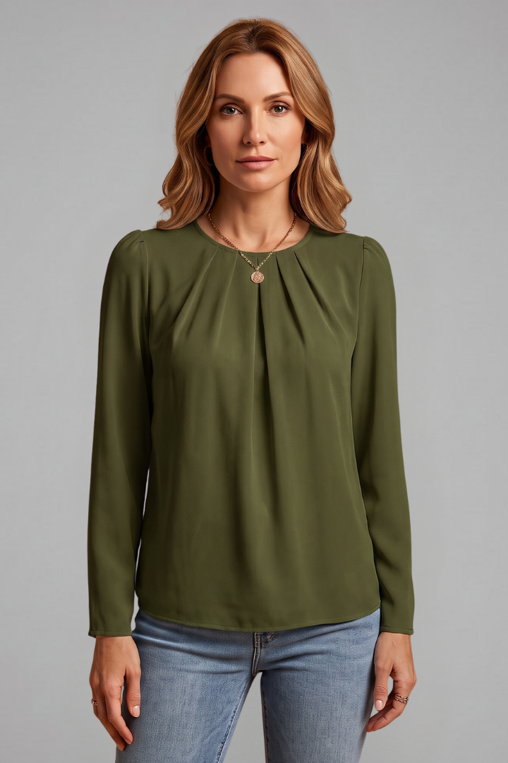 Women Pleated Long Sleeve Tunic Top with Crew Neckline for Office Wear