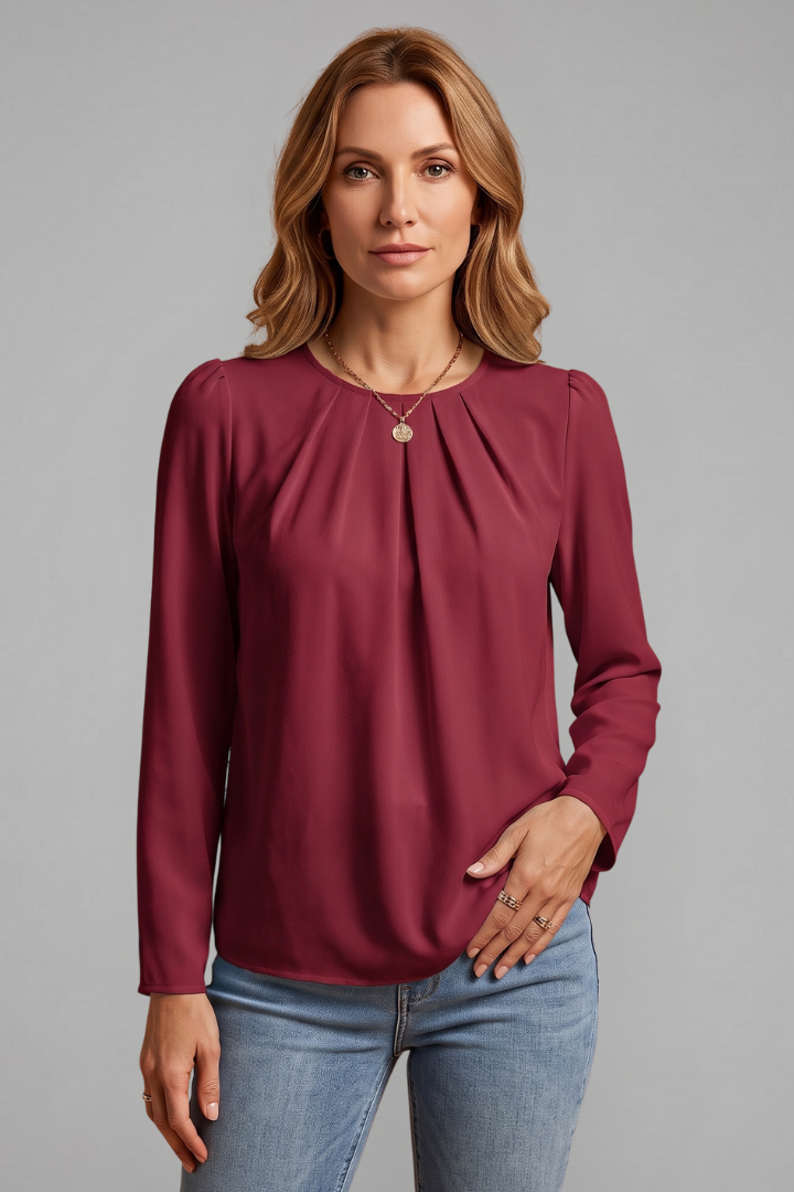 Women Pleated Long Sleeve Tunic Top with Crew Neckline for Office Wear