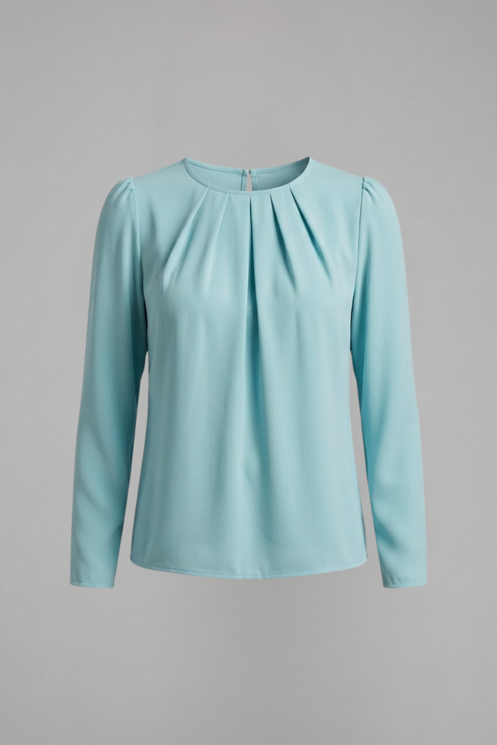 Women Pleated Long Sleeve Tunic Top with Crew Neckline for Office Wear
