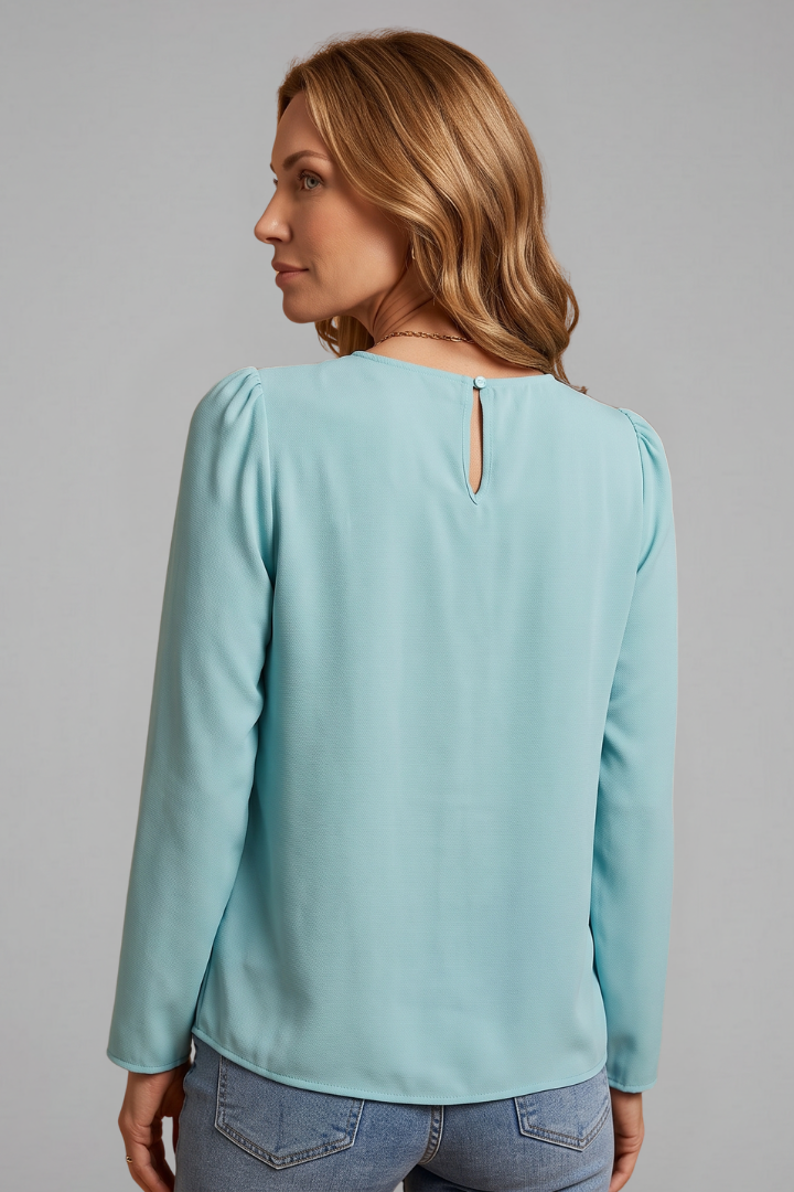 Women Pleated Long Sleeve Tunic Top with Crew Neckline for Office Wear