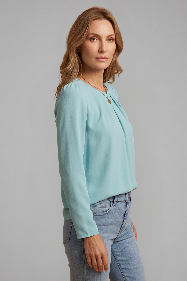 Women Pleated Long Sleeve Tunic Top with Crew Neckline for Office Wear