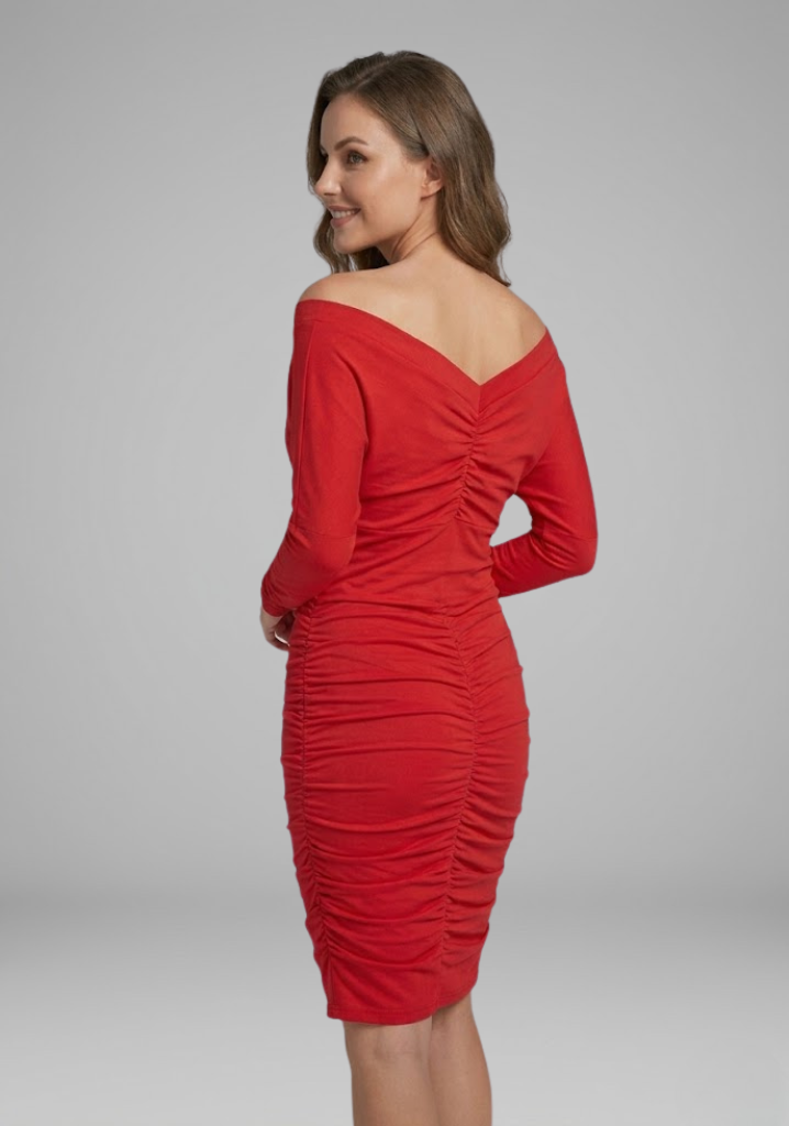 Women V-neck Off-shoulder Ruched knee-length wrap dress with Wrap Front