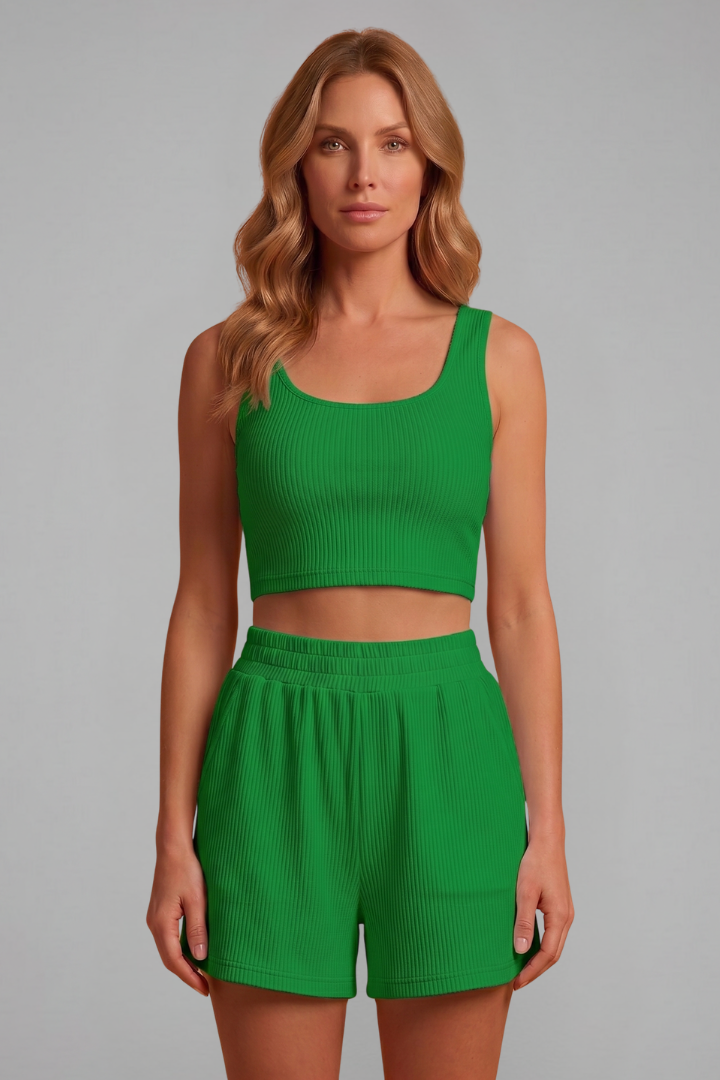 Women’s Crop Top and Shorts Set with Sleeveless Cut and Elastic Waist