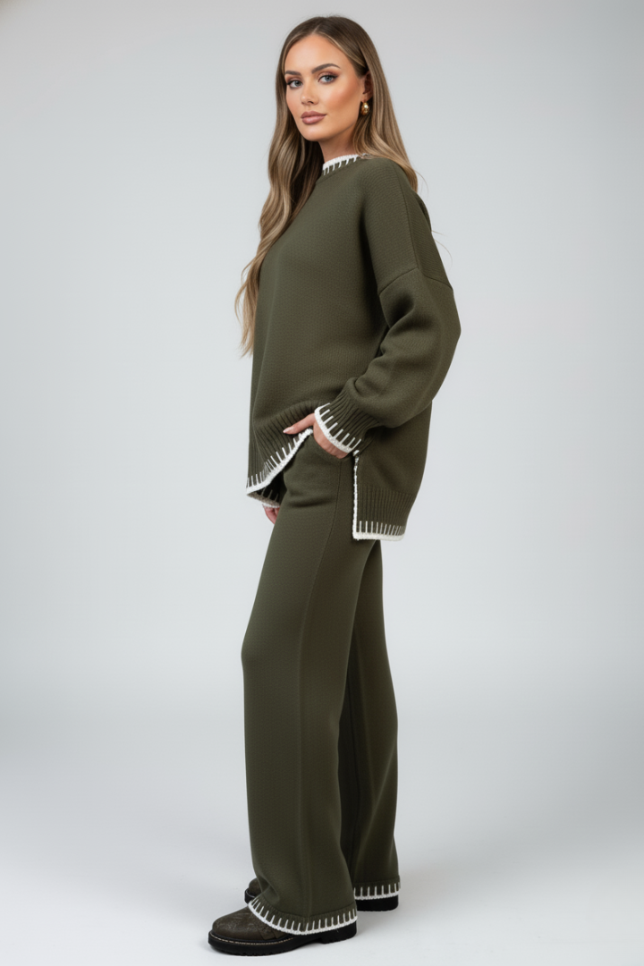 Women’s Knit Lounge Set with Relaxed Top and Wide-Leg Trousers