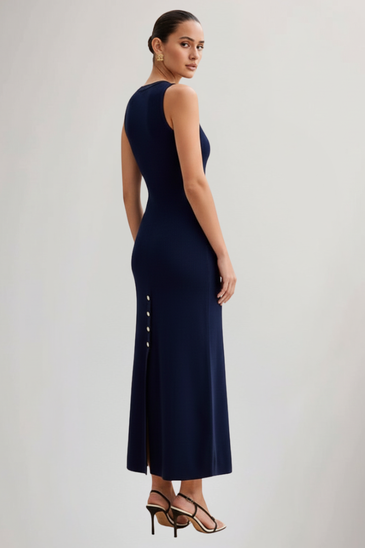 Women’s Knit Maxi Dress with Sleeveless Cut and Front Buttons