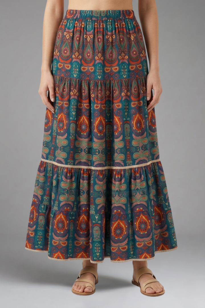 Women’s Maxi Skirt with Elastic Waist and Tiered Panels