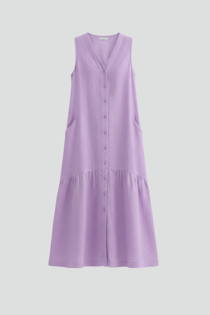 Women’s Midi Dress with V-Neck and Button Front