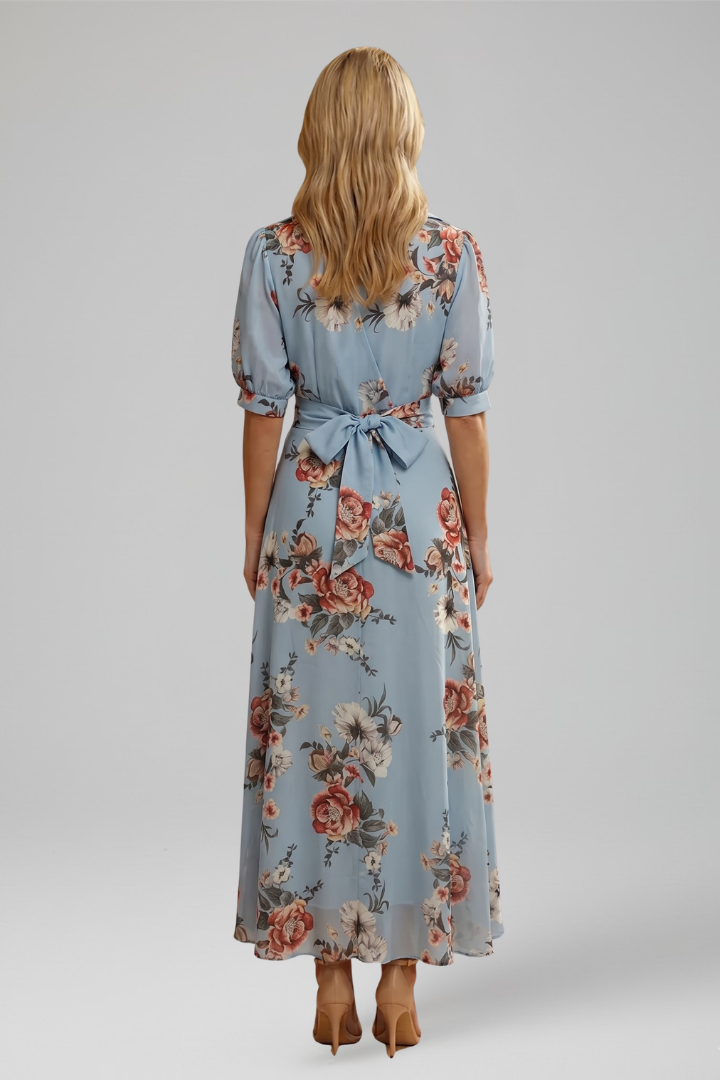 Women’s Midi Dress with V-Neck and Floral Pattern