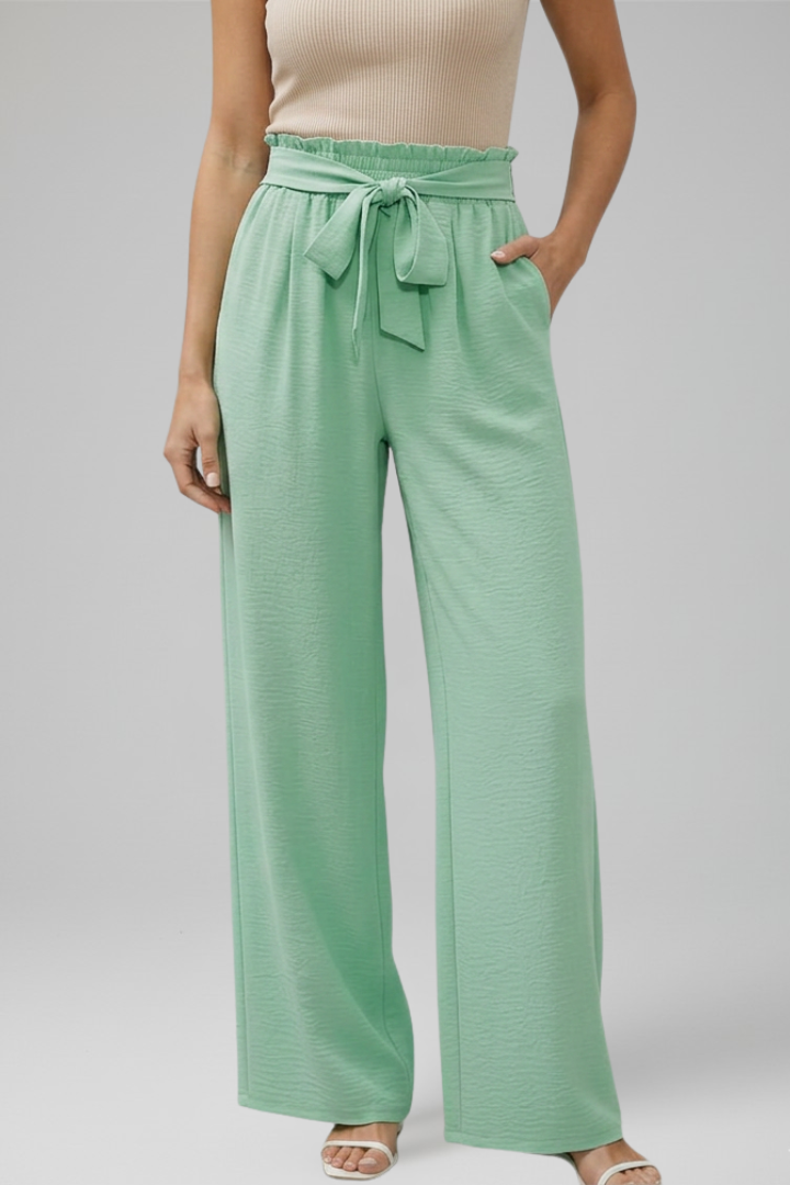 Women’s Palazzo Trousers with Elastic Waist and Tie Belt