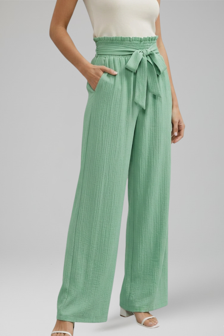 Women’s Palazzo Trousers with Elastic Waist and Tie Belt
