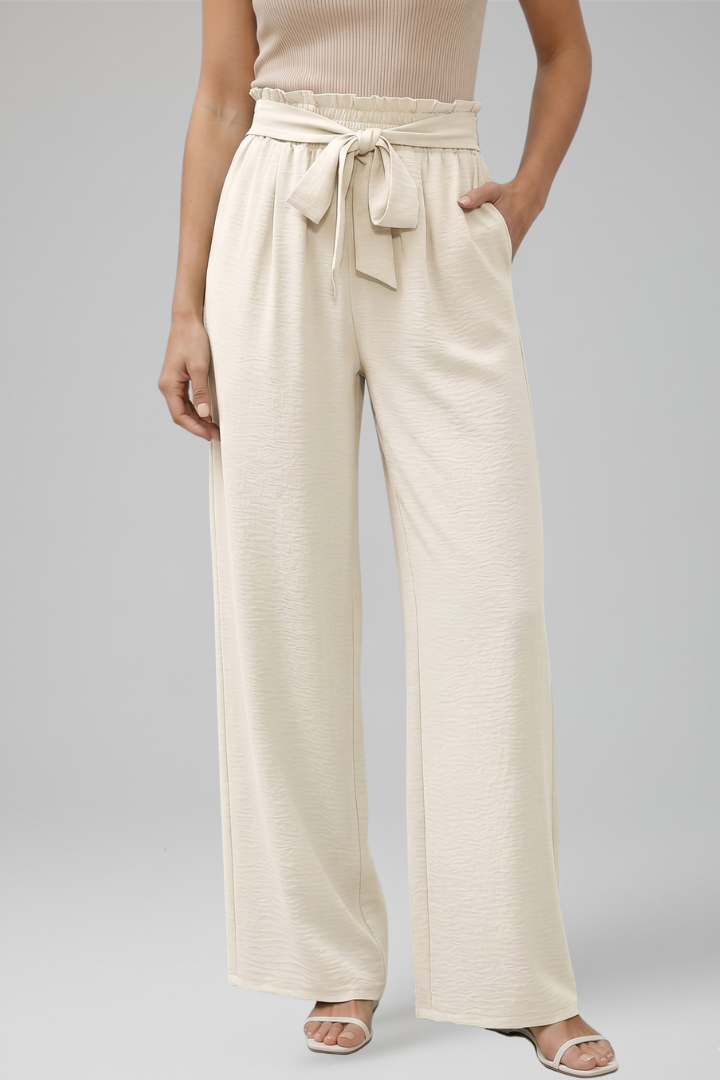 Women’s Palazzo Trousers with Elastic Waist and Tie Belt