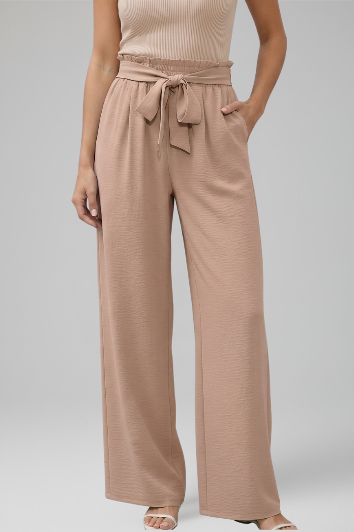 Women’s Palazzo Trousers with Elastic Waist and Tie Belt