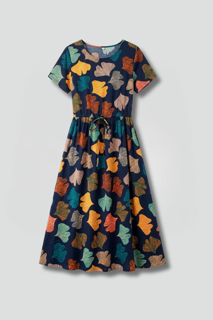 Women's Printed Midi Dress with Drawstring for Casual Wear