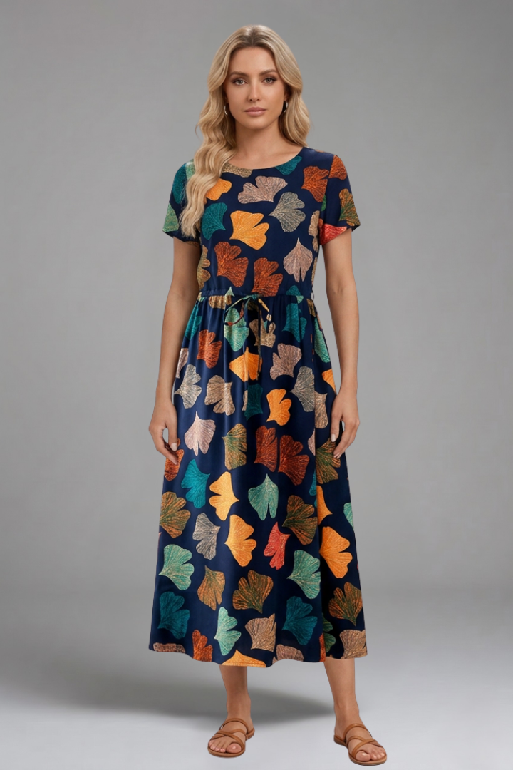 Women's Printed Midi Dress with Drawstring for Casual Wear