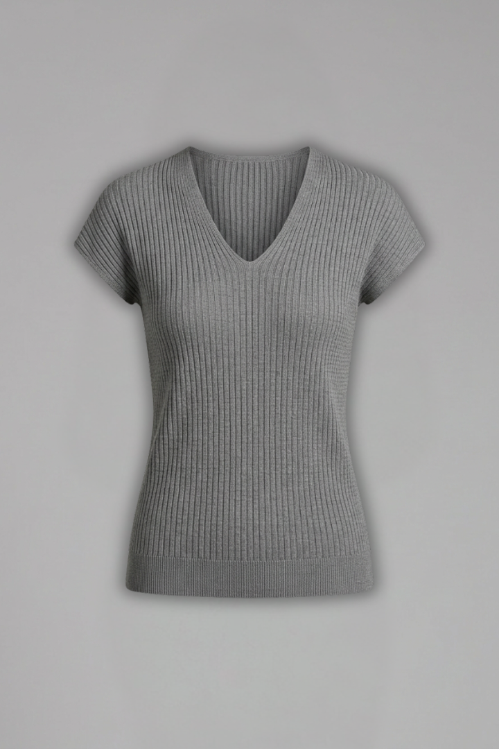 Women’s Ribbed V-Neck Top with Short Sleeves for Everyday Wear