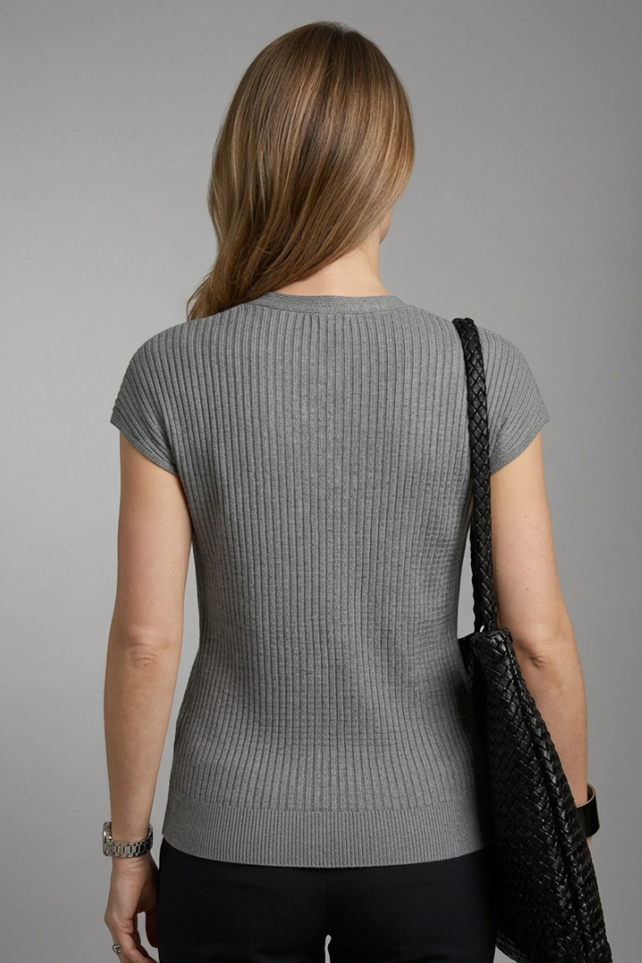 Women’s Ribbed V-Neck Top with Short Sleeves for Everyday Wear