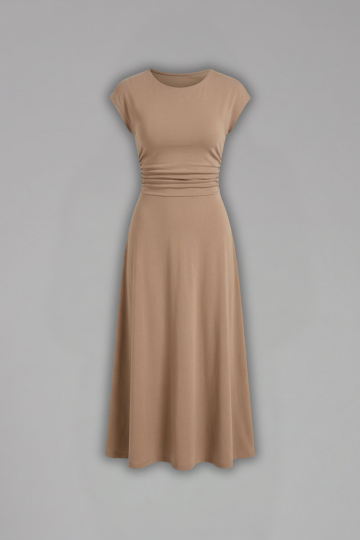 Women’s midi dress with high waist and cap sleeves