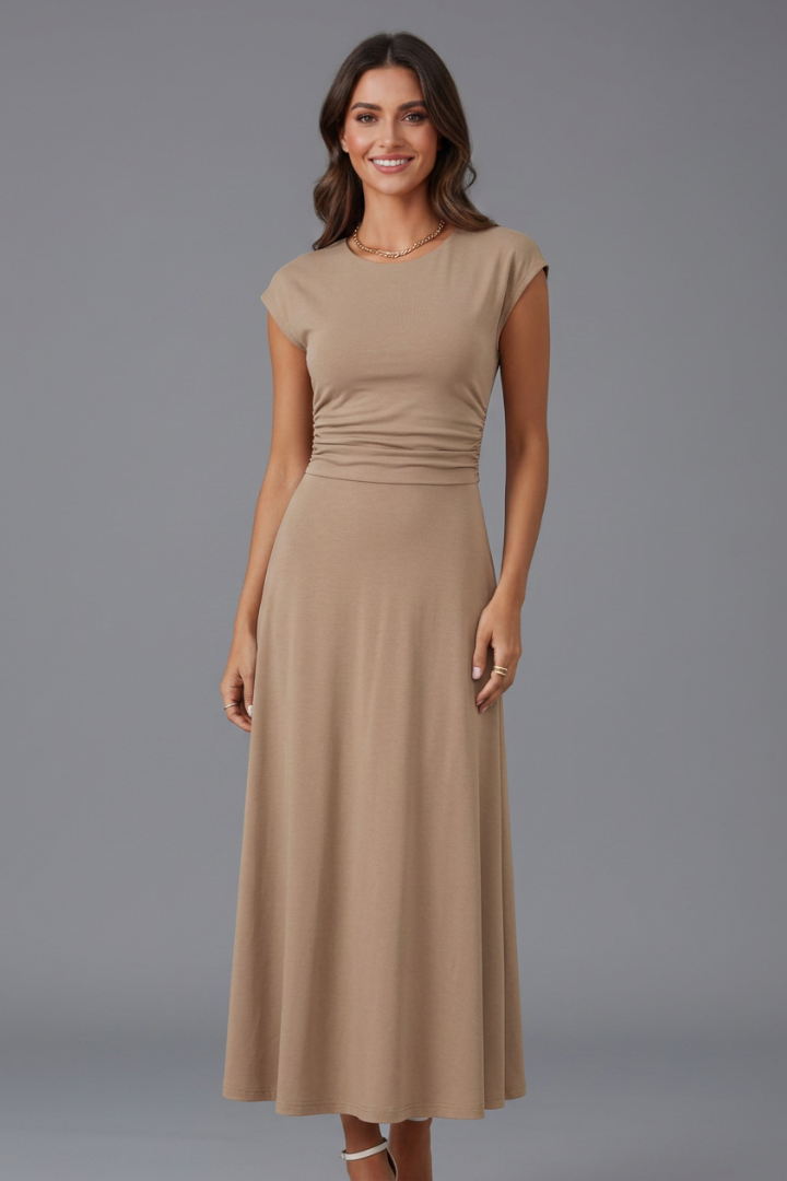 Women’s midi dress with high waist and cap sleeves